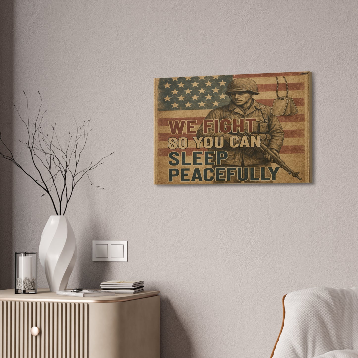 Patriotic Soldier Tribute – Sleep Peacefully Canvas Wall Art, We Fight So You Can Sleep, Military Decor, Veteran Gift, Americana Home Decor