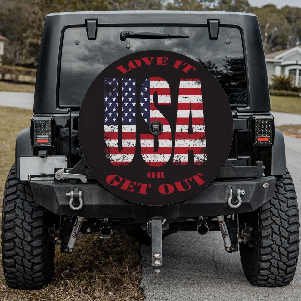 Bold Patriotic USA Auto Tire Cover – “Love It or Get Out” Design With Backup Camera Hole