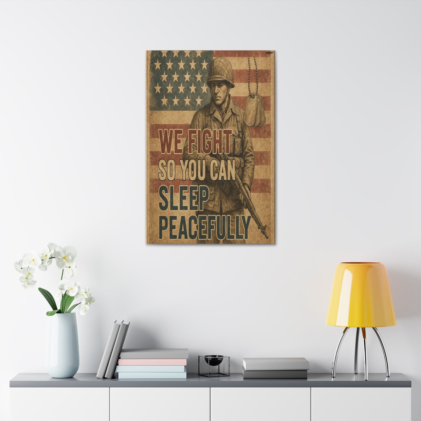 Patriotic Soldier Tribute – Sleep Peacefully Canvas Wall Art, We Fight So You Can Sleep, Military Decor, Veteran Gift, Americana Home Decor