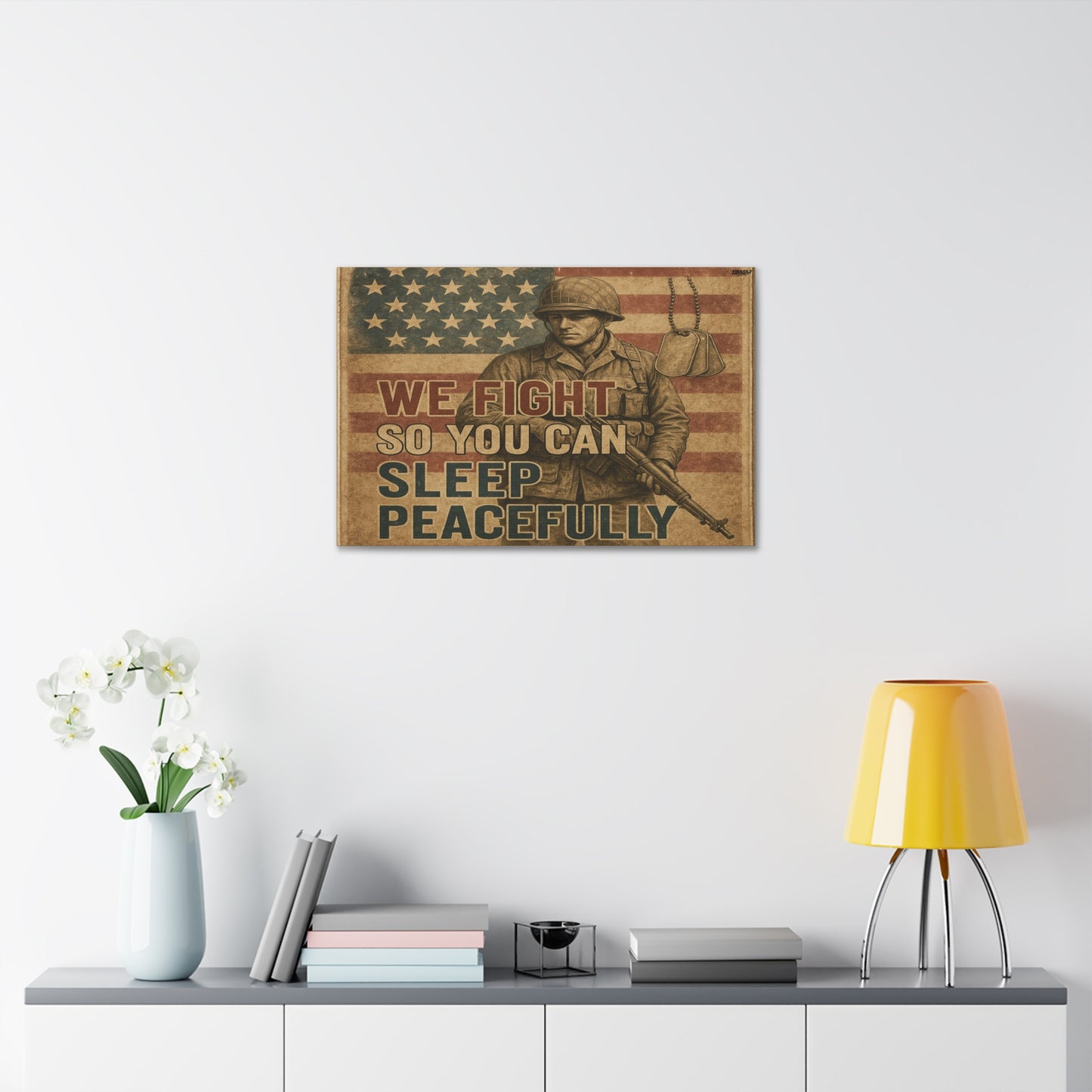 Patriotic Soldier Tribute – Sleep Peacefully Canvas Wall Art, We Fight So You Can Sleep, Military Decor, Veteran Gift, Americana Home Decor