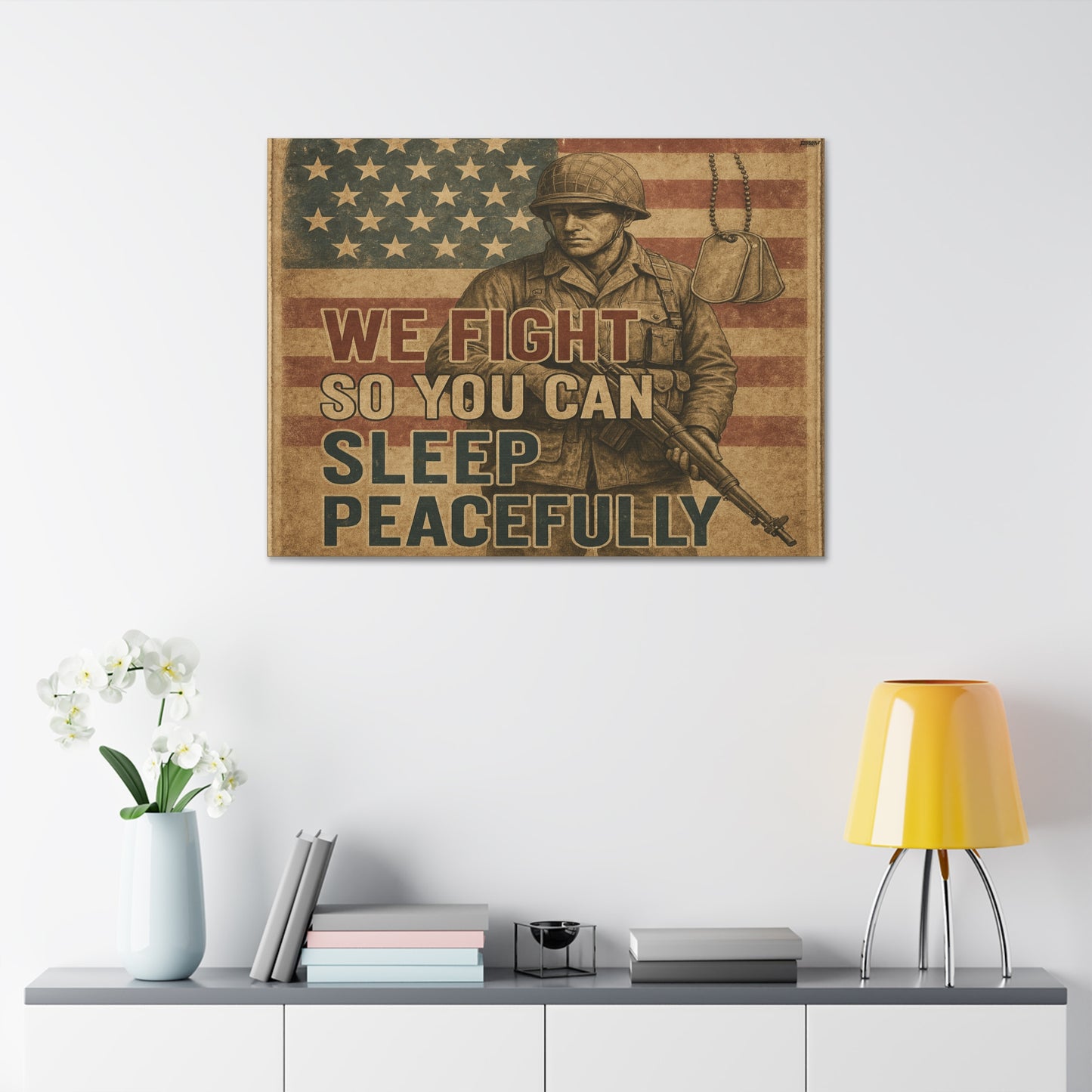 Patriotic Soldier Tribute – Sleep Peacefully Canvas Wall Art, We Fight So You Can Sleep, Military Decor, Veteran Gift, Americana Home Decor
