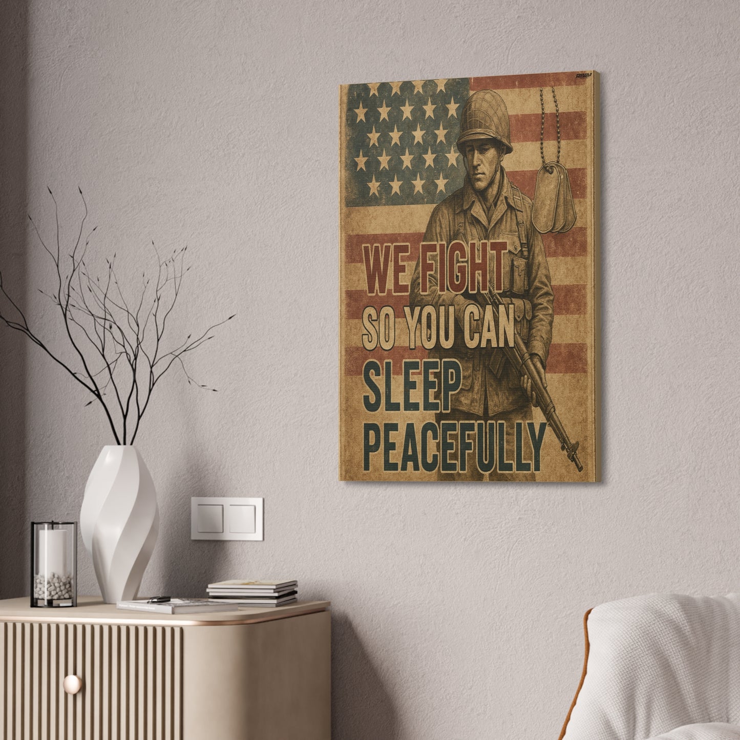Patriotic Soldier Tribute – Sleep Peacefully Canvas Wall Art, We Fight So You Can Sleep, Military Decor, Veteran Gift, Americana Home Decor