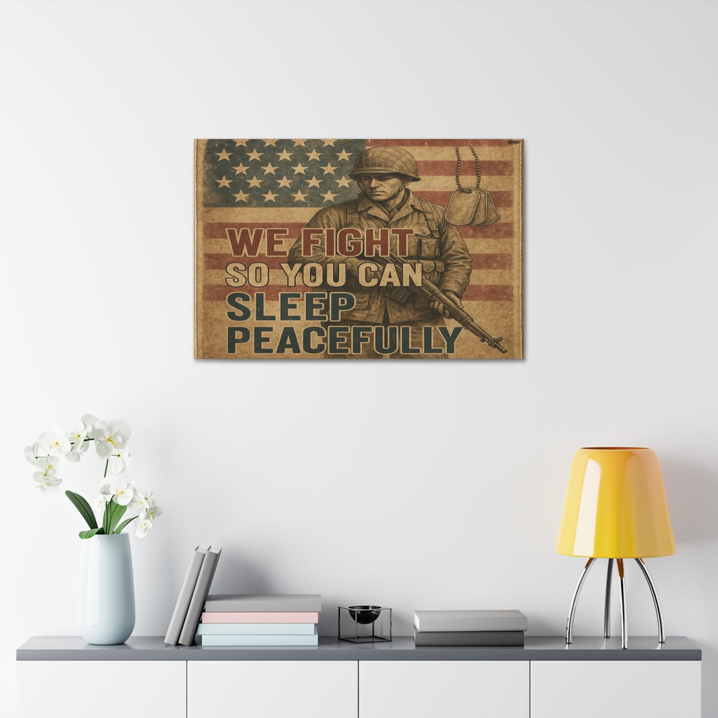 Patriotic Soldier Tribute – Sleep Peacefully Canvas Wall Art, We Fight So You Can Sleep, Military Decor, Veteran Gift, Americana Home Decor