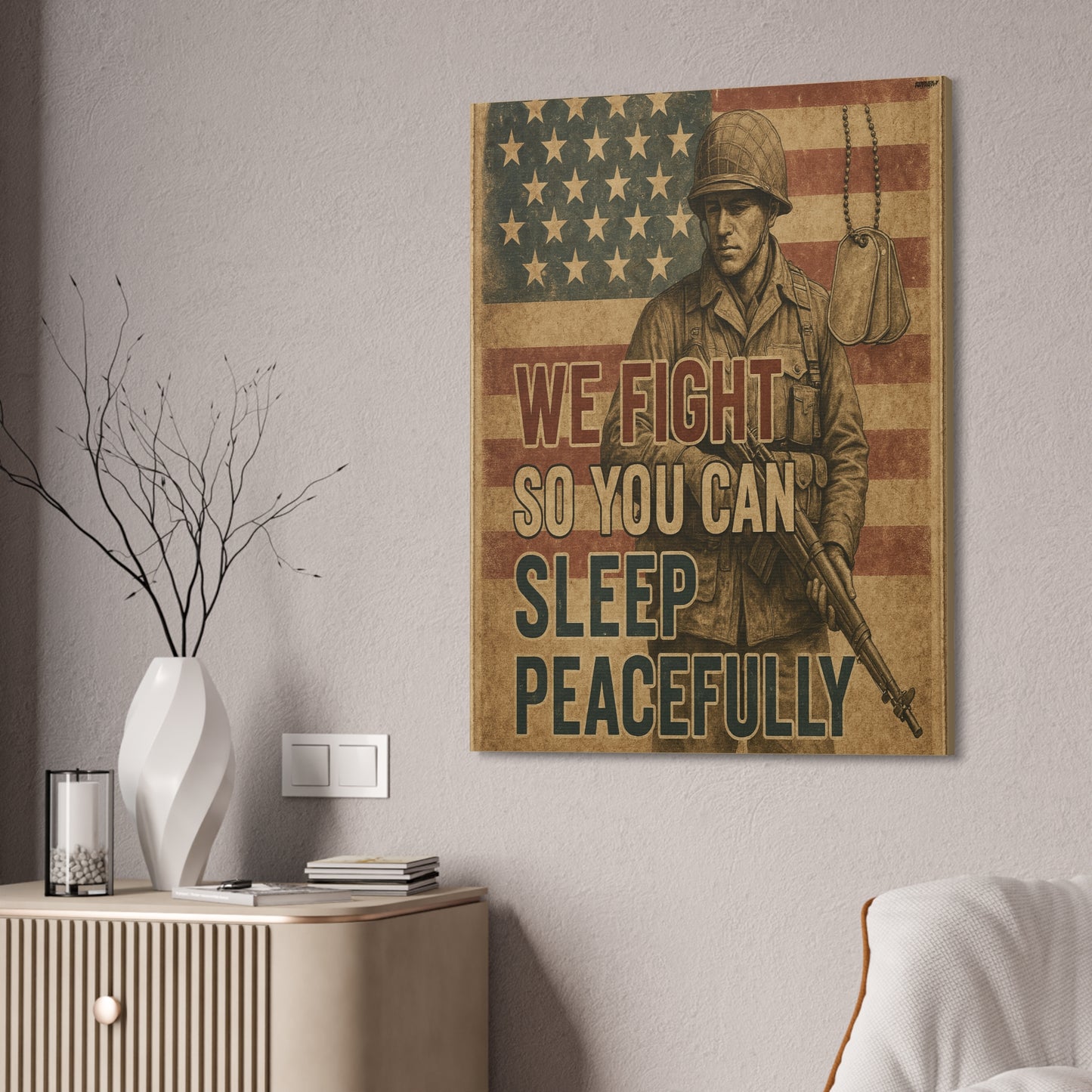 Patriotic Soldier Tribute – Sleep Peacefully Canvas Wall Art, We Fight So You Can Sleep, Military Decor, Veteran Gift, Americana Home Decor