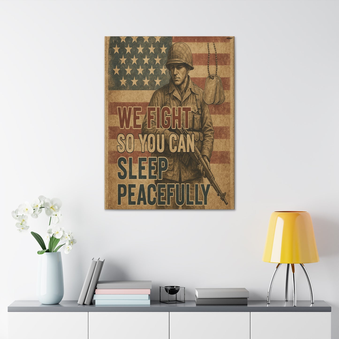Patriotic Soldier Tribute – Sleep Peacefully Canvas Wall Art, We Fight So You Can Sleep, Military Decor, Veteran Gift, Americana Home Decor