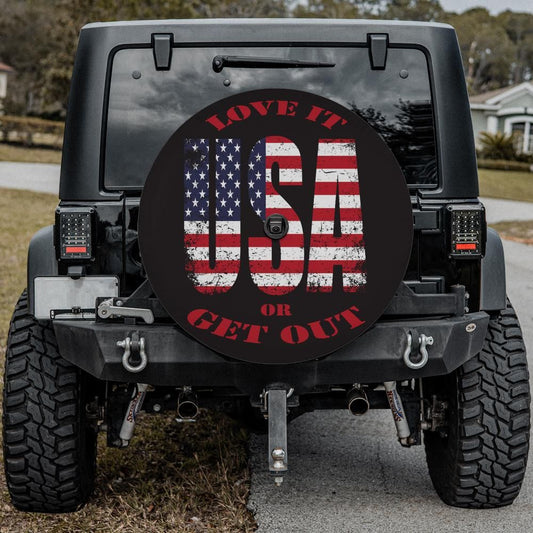 Bold Patriotic USA Auto Tire Cover – “Love It or Get Out” Design With Backup Camera Hole
