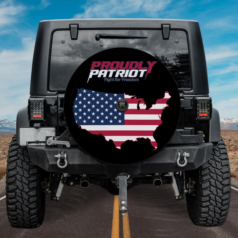“Proudly Patriot” USA Flag Spare Tire Cover With Backup Camera Hole – Fight for Freedom American Style